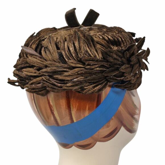 Vintage 50s 60s Brown Velvet Cocktail Hat w Cutout Leaf Shapes on Frame -Hey Viv - Picture 3 of 6